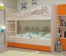 Кровать Мая-Сафари двухъярусная с ящикамиМлечный дуб/Оранжевый в Таврическом - tavricheskoe.katalogmebeli.com | фото